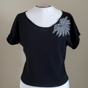 Living Doll Flower Embellished Beaded Black Top